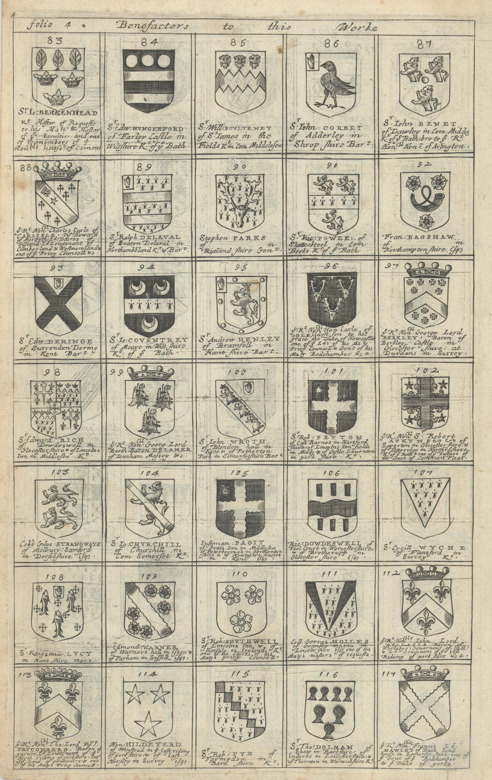 Family coats of arms of benefactors to Blome's Britannia. Folio 4 #83-117 1673